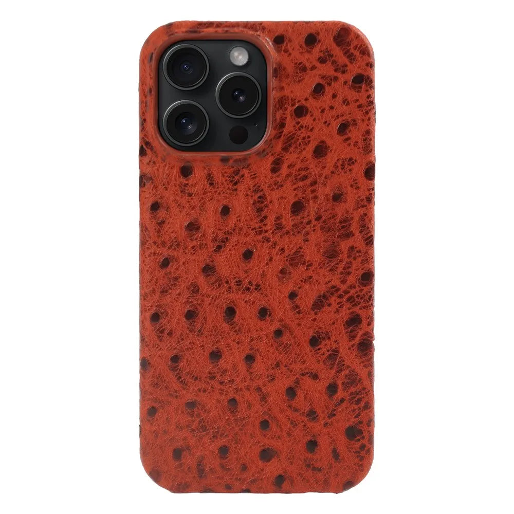 Capa de iPhone em couro genuíno de avestruz 14/15/16/17 — Proteção contra impactos