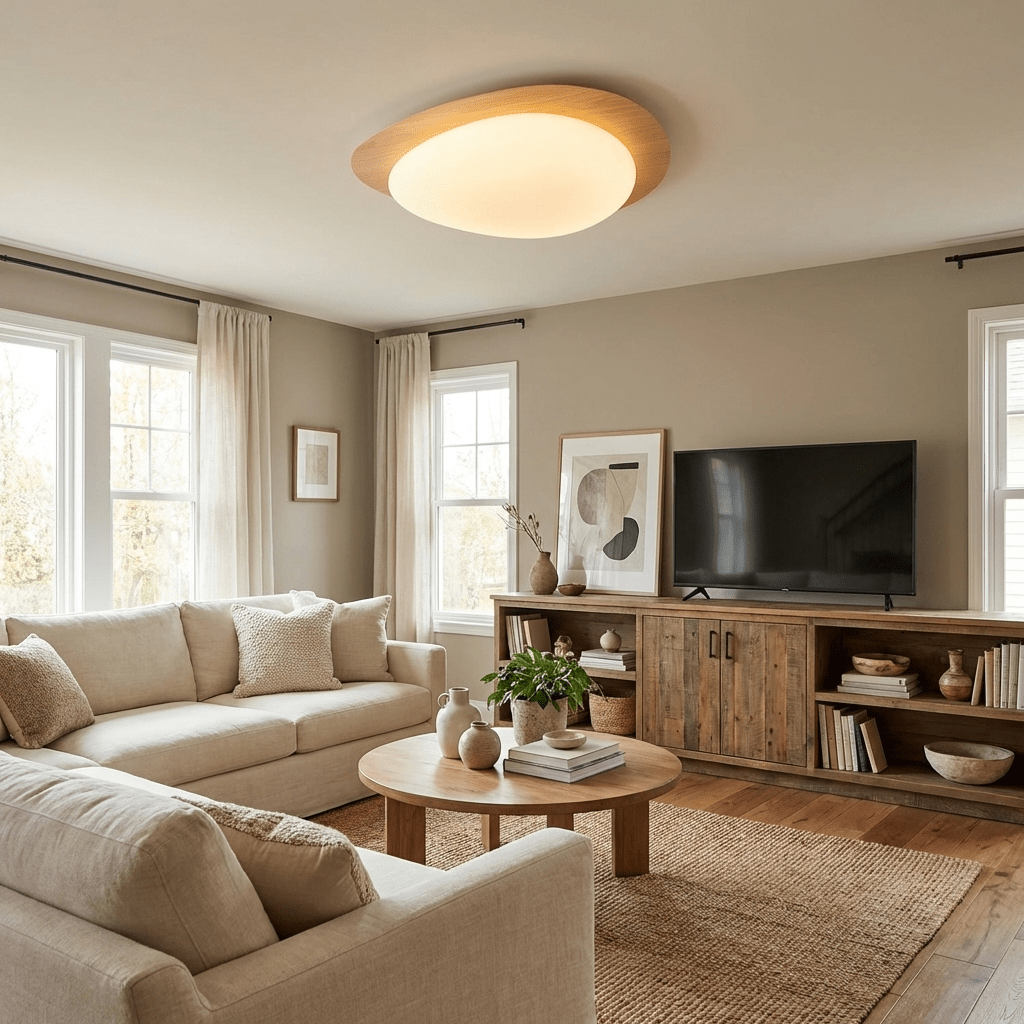 Plafoniera LED Riverstone — profilo ribassato da 8 cm, finitura effetto venatura del noce