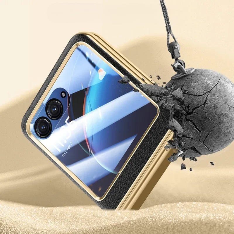 Motorola Razr-hoesje — veganistisch leer, schermbeschermer, gegalvaniseerd frame