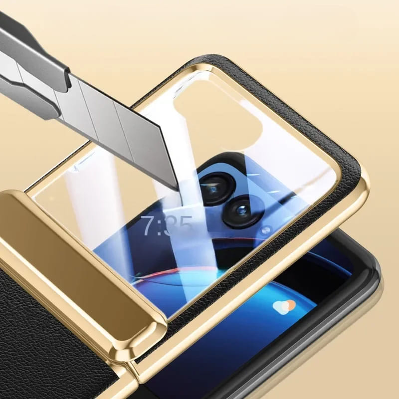 Motorola Razr-hoesje — veganistisch leer, schermbeschermer, gegalvaniseerd frame