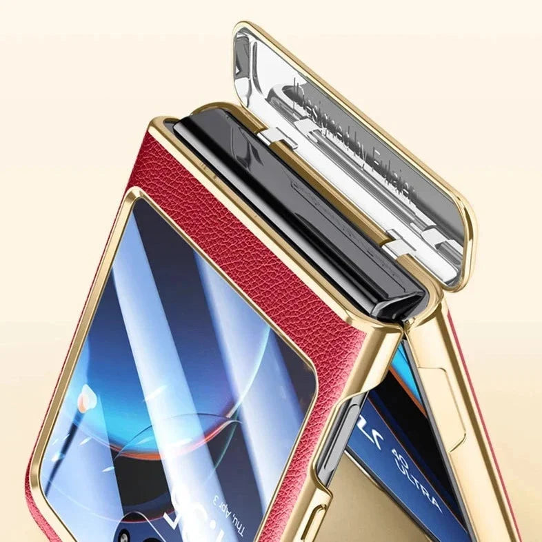 Motorola Razr-hoesje — veganistisch leer, schermbeschermer, gegalvaniseerd frame