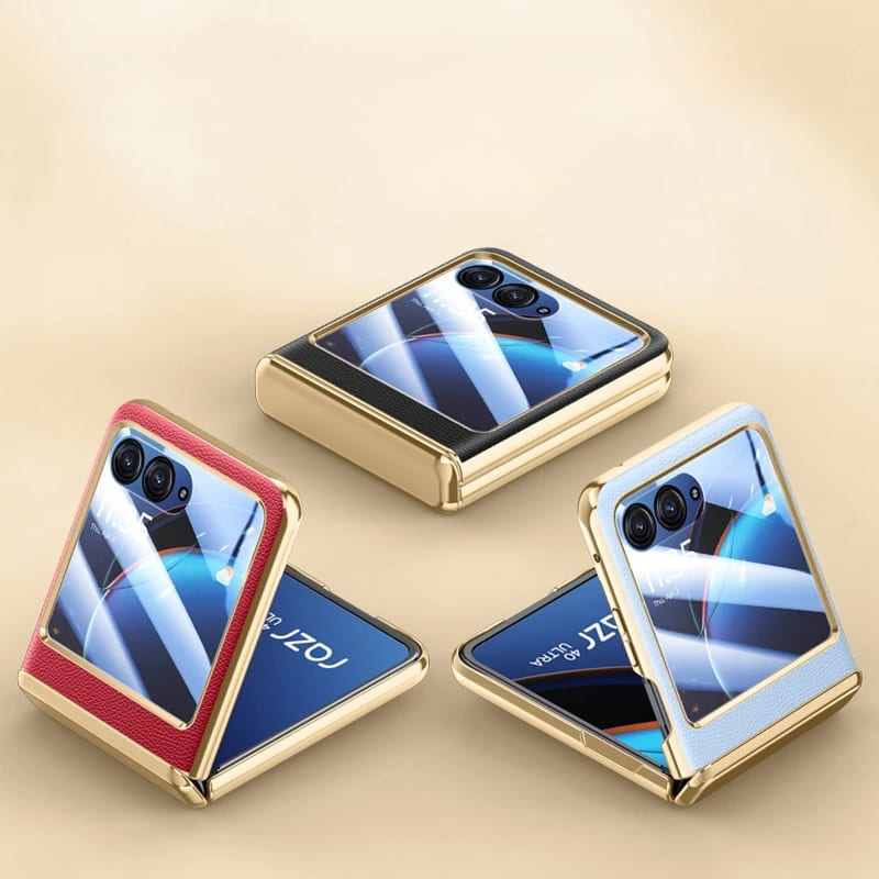 Motorola Razr-hoesje — veganistisch leer, schermbeschermer, gegalvaniseerd frame