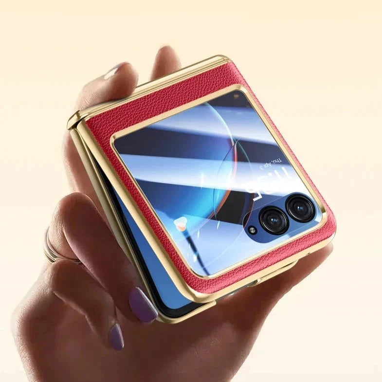 Motorola Razr-hoesje — veganistisch leer, schermbeschermer, gegalvaniseerd frame