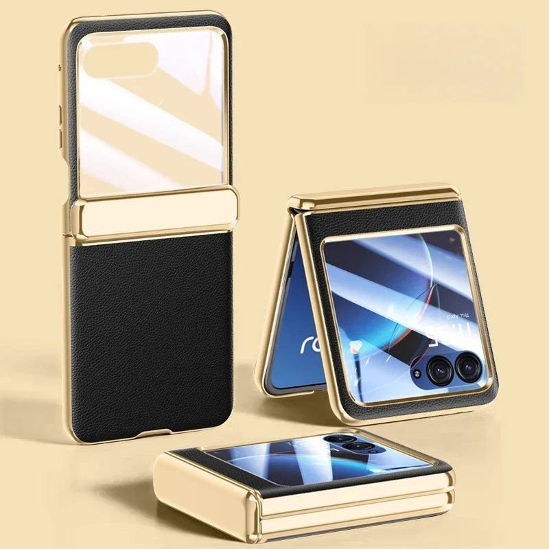 Motorola Razr-hoesje — veganistisch leer, schermbeschermer, gegalvaniseerd frame