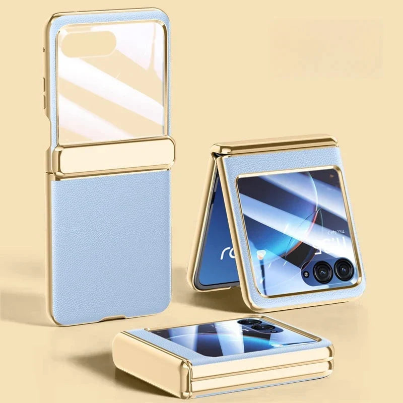 Motorola Razr-hoesje — veganistisch leer, schermbeschermer, gegalvaniseerd frame