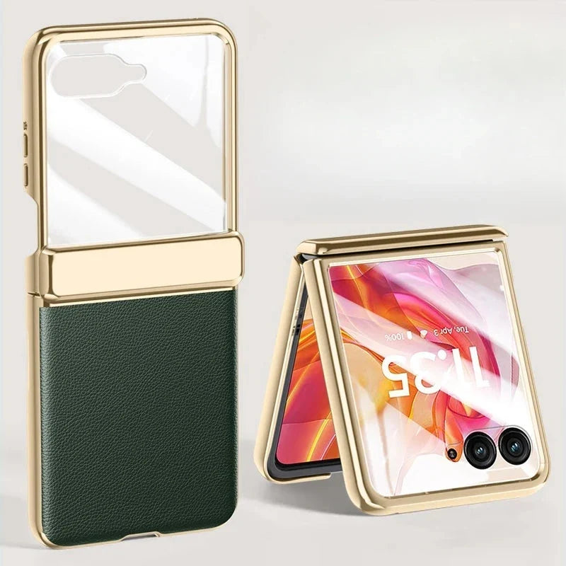 Motorola Razr-hoesje — veganistisch leer, schermbeschermer, gegalvaniseerd frame