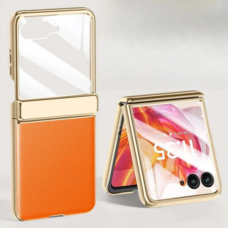 Motorola Razr-hoesje — veganistisch leer, schermbeschermer, gegalvaniseerd frame