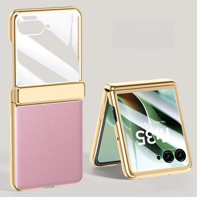 Motorola Razr-hoesje — veganistisch leer, schermbeschermer, gegalvaniseerd frame