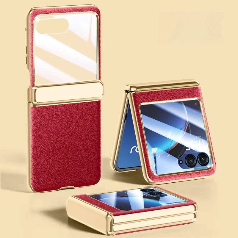 Motorola Razr-hoesje — veganistisch leer, schermbeschermer, gegalvaniseerd frame