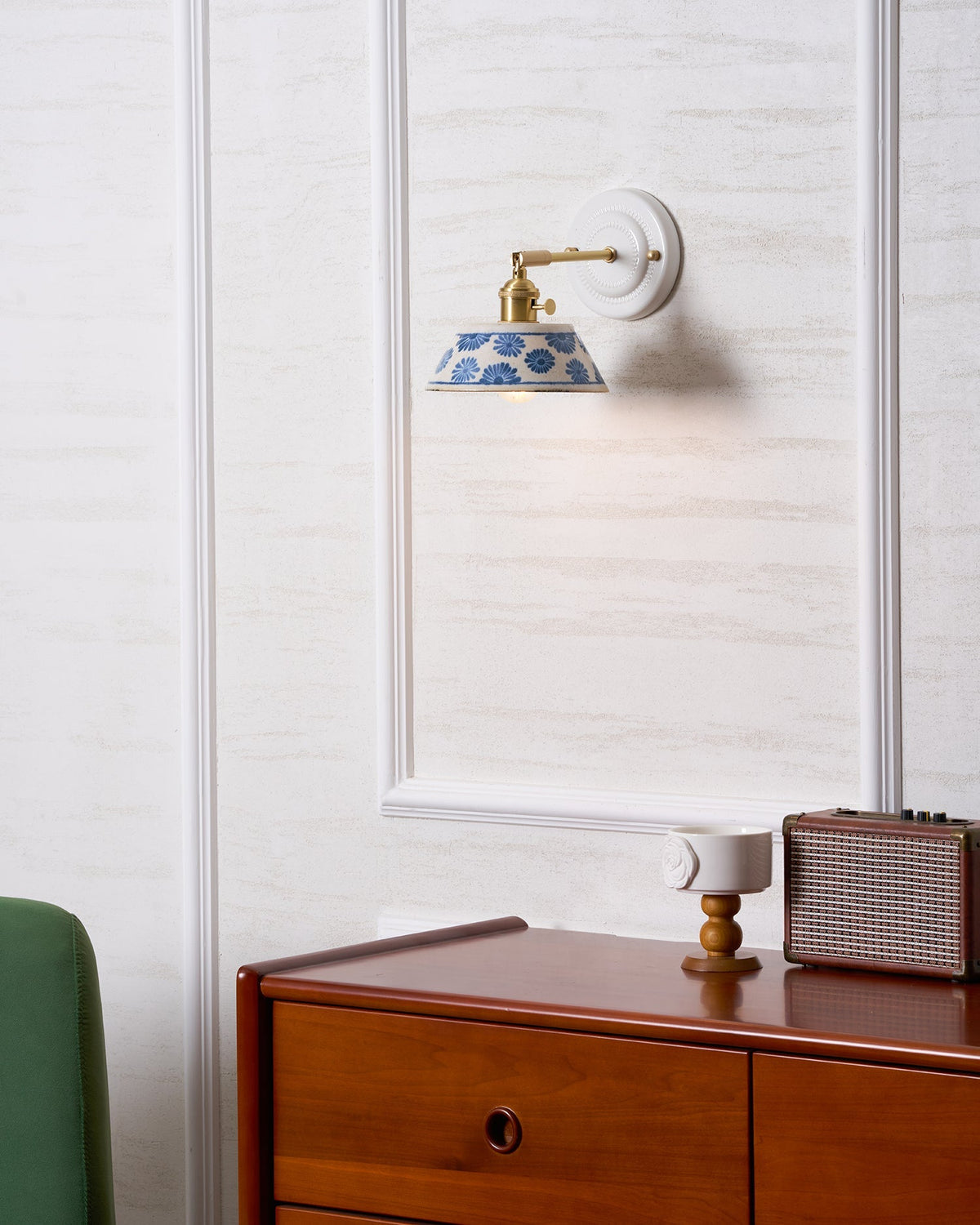 Blue & White Ceramic Sconce — Brass Hardware, Hardwired E26 Socket