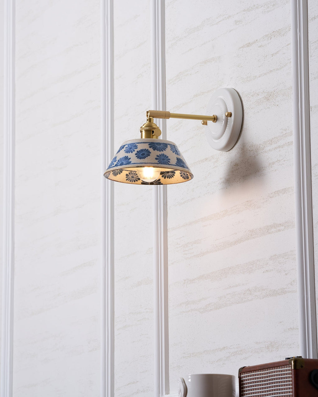 Blue & White Ceramic Sconce — Brass Hardware, Hardwired E26 Socket