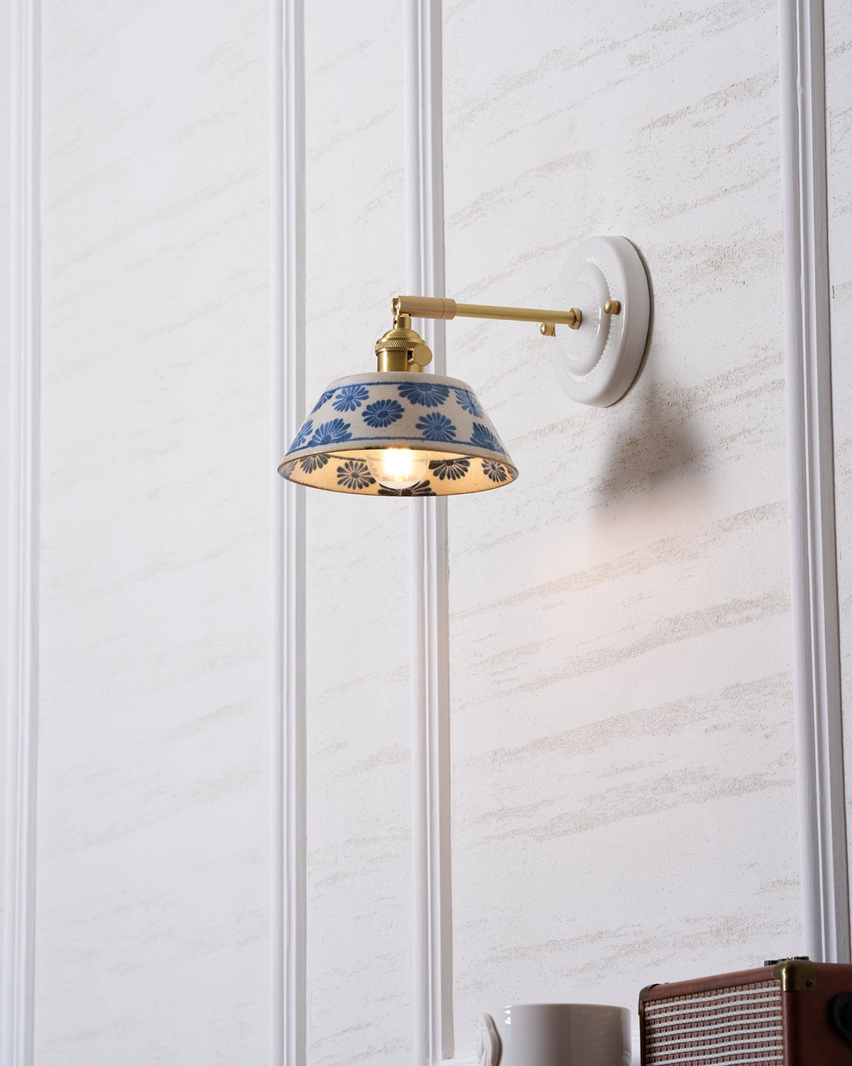 Blue & White Ceramic Sconce — Brass Hardware, Hardwired E26 Socket