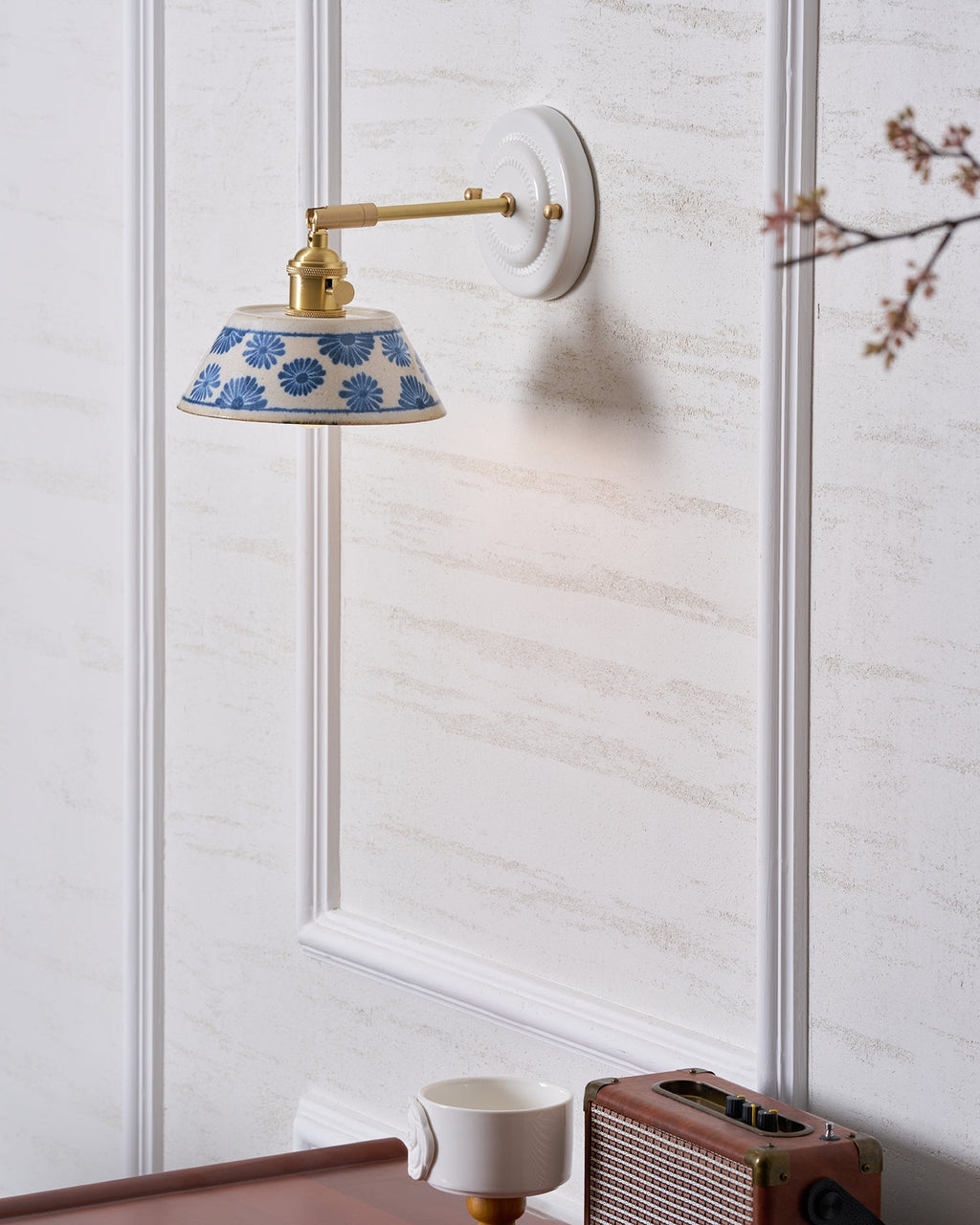 Blue & White Ceramic Sconce — Brass Hardware, Hardwired E26 Socket