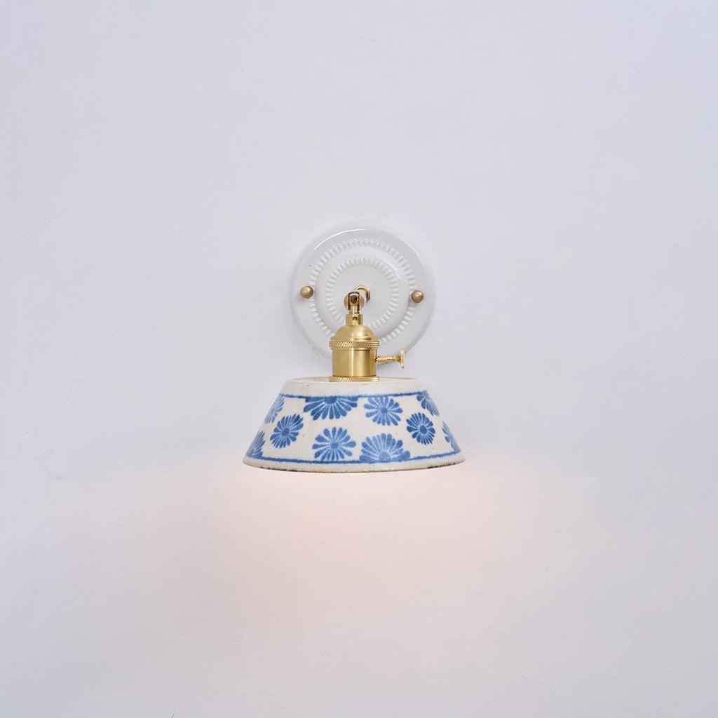 Blue & White Ceramic Sconce — Brass Hardware, Hardwired E26 Socket