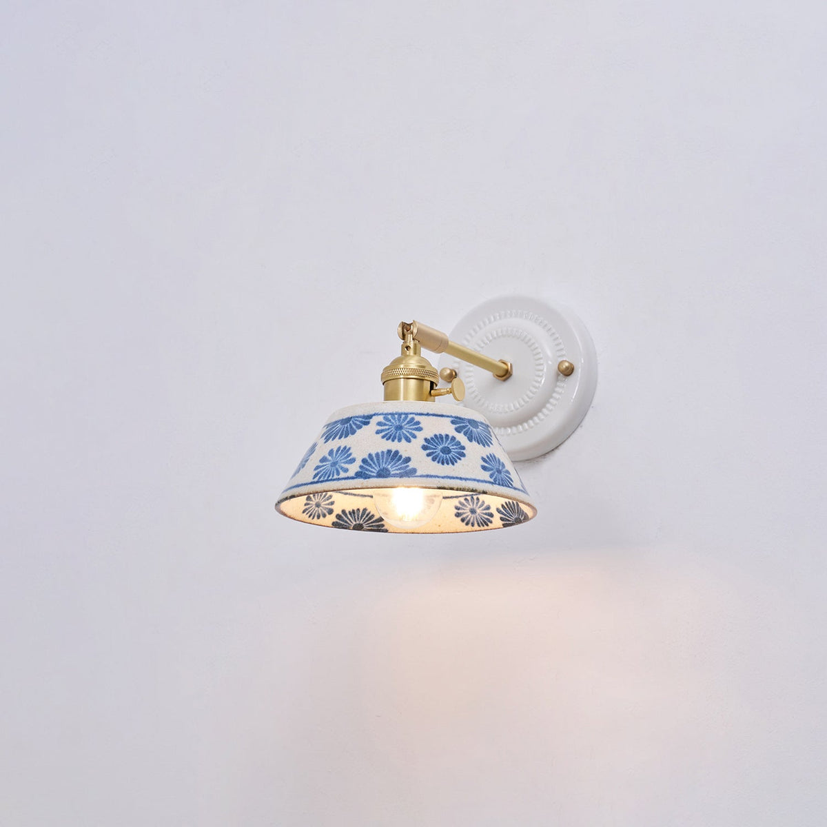 Blue & White Ceramic Sconce — Brass Hardware, Hardwired E26 Socket