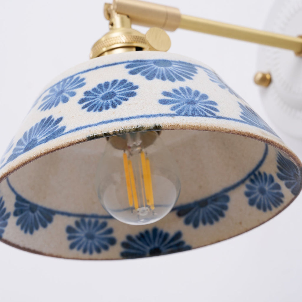 Blue & White Ceramic Sconce — Brass Hardware, Hardwired E26 Socket