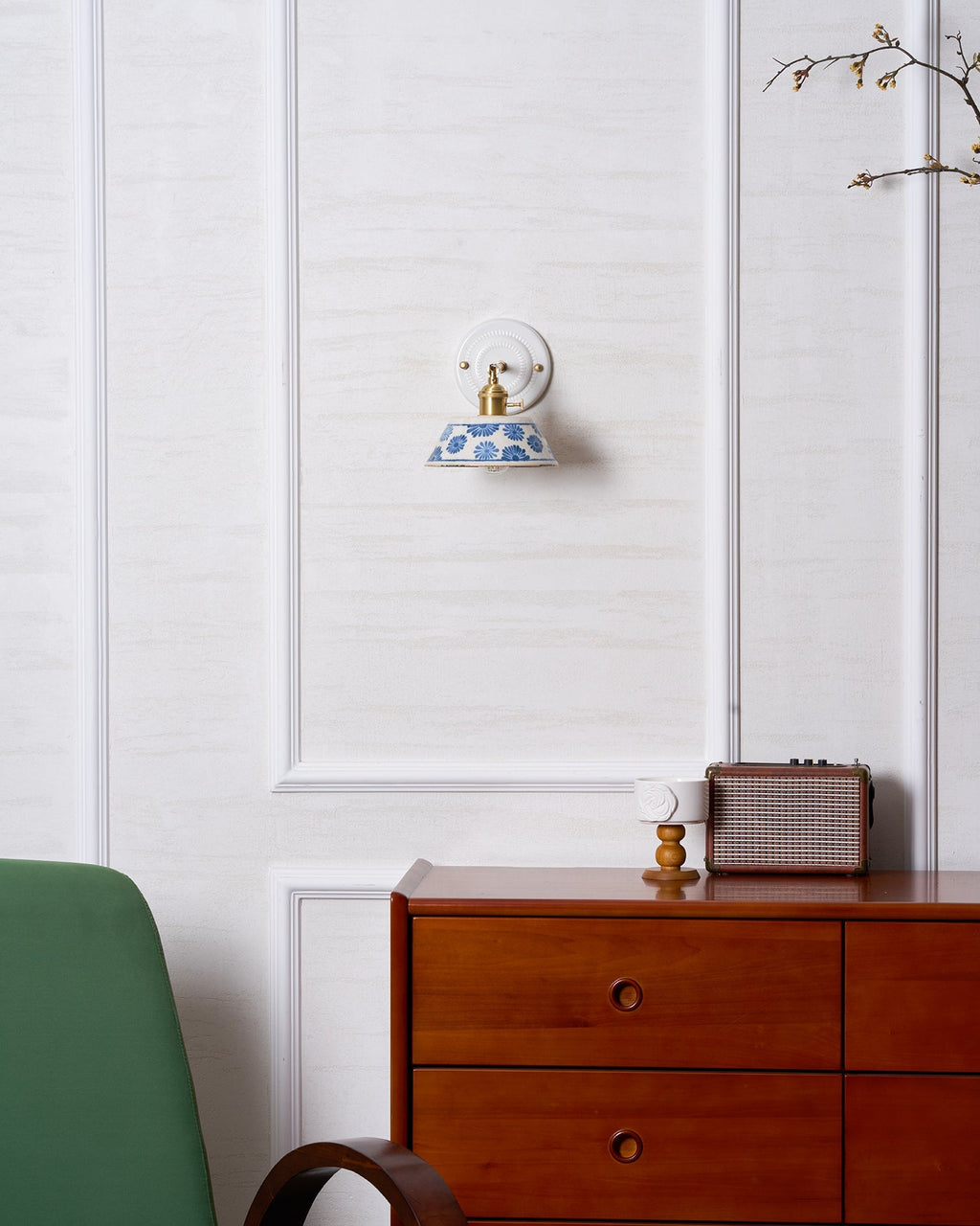 Blue & White Ceramic Sconce — Brass Hardware, Hardwired E26 Socket