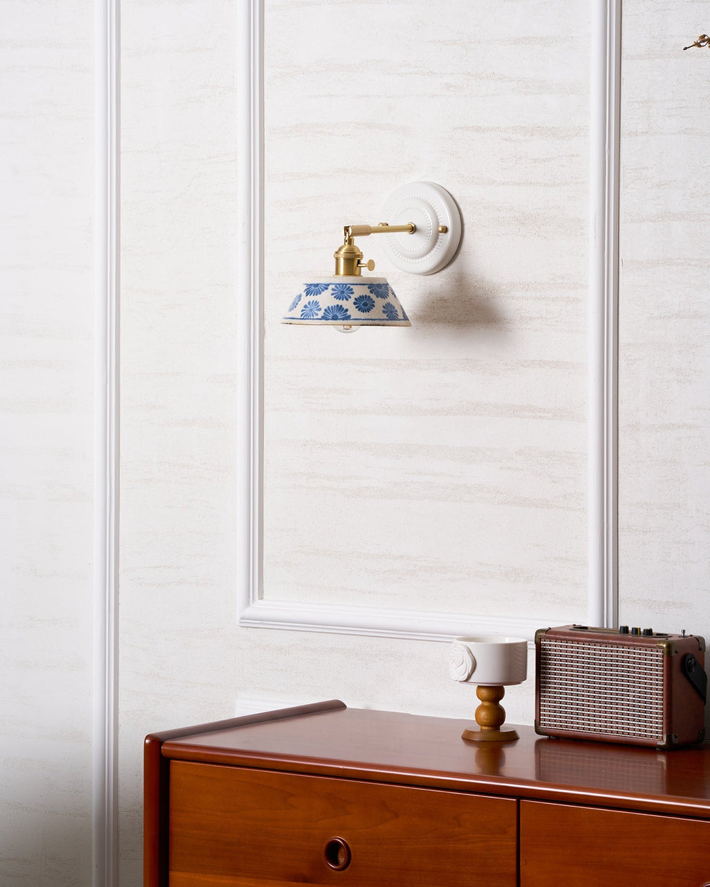 Blue & White Ceramic Sconce — Brass Hardware, Hardwired E26 Socket