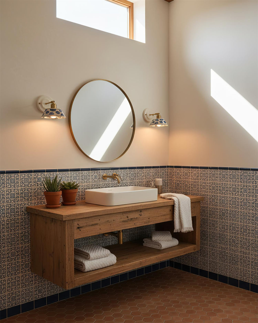 Blue & White Ceramic Sconce — Brass Hardware, Hardwired E26 Socket