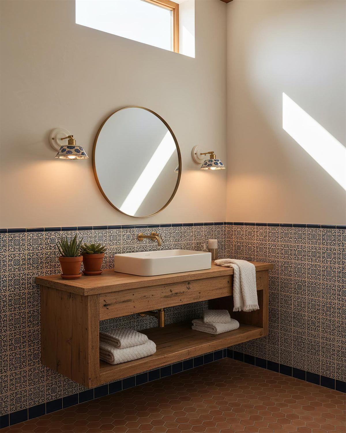 Blue & White Ceramic Sconce — Brass Hardware, Hardwired E26 Socket