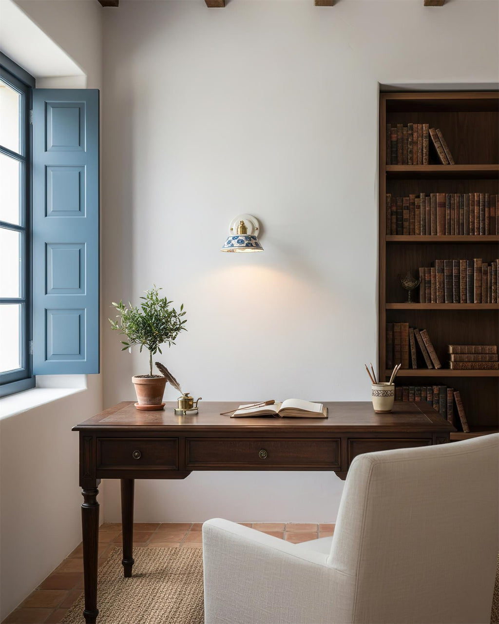 Blue & White Ceramic Sconce — Brass Hardware, Hardwired E26 Socket