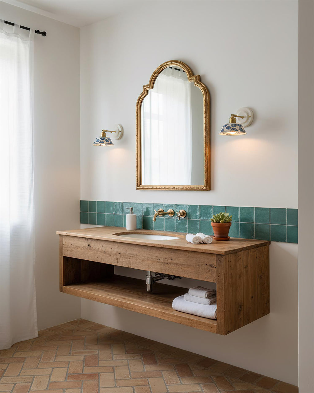 Blue & White Ceramic Sconce — Brass Hardware, Hardwired E26 Socket