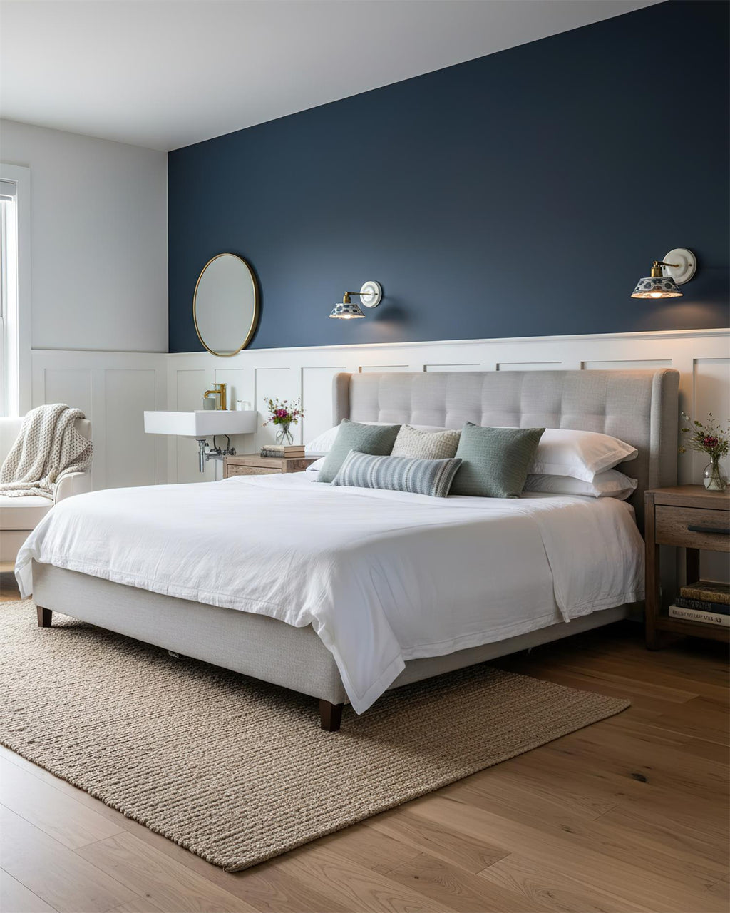 Blue & White Ceramic Sconce — Brass Hardware, Hardwired E26 Socket