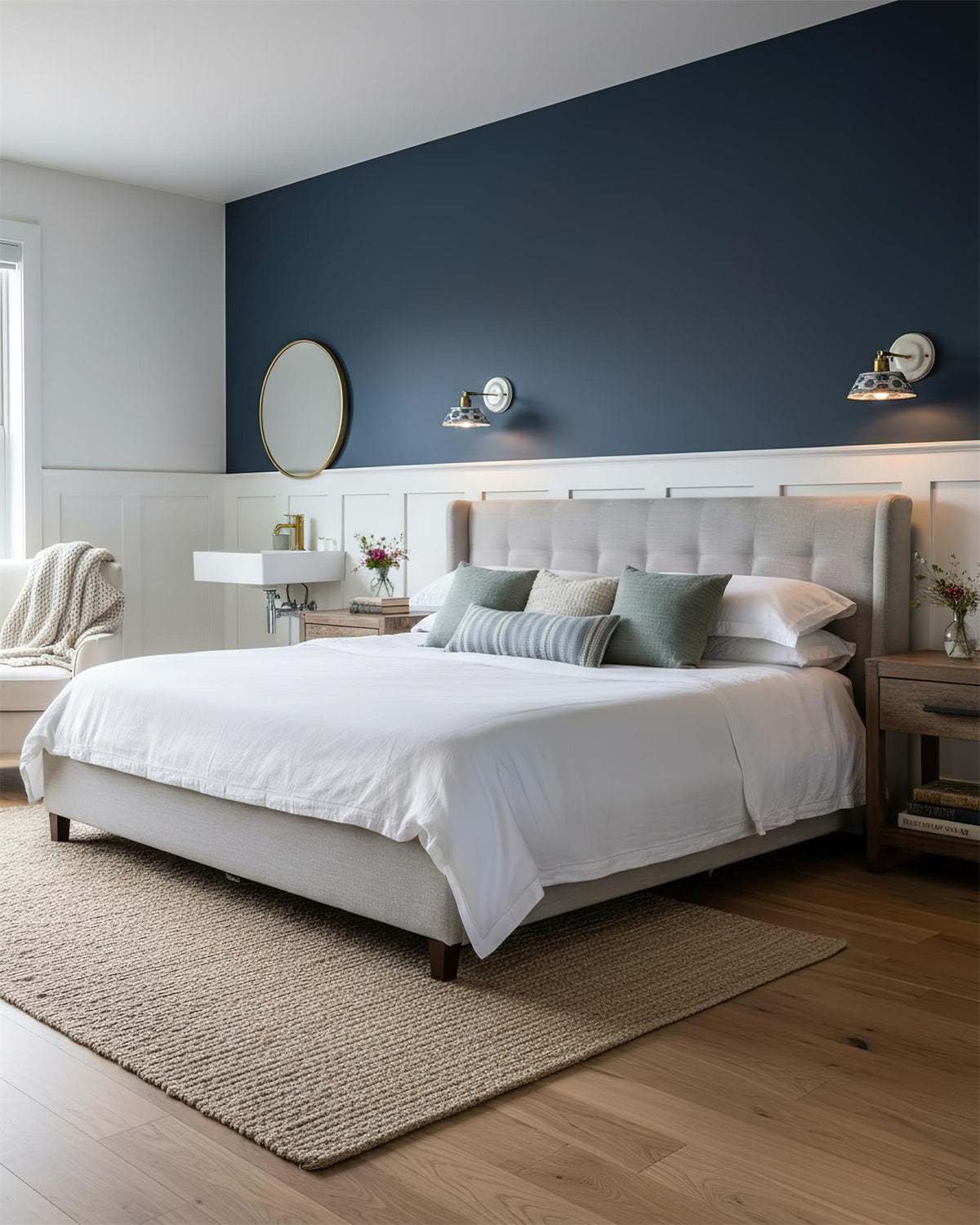 Blue & White Ceramic Sconce — Brass Hardware, Hardwired E26 Socket