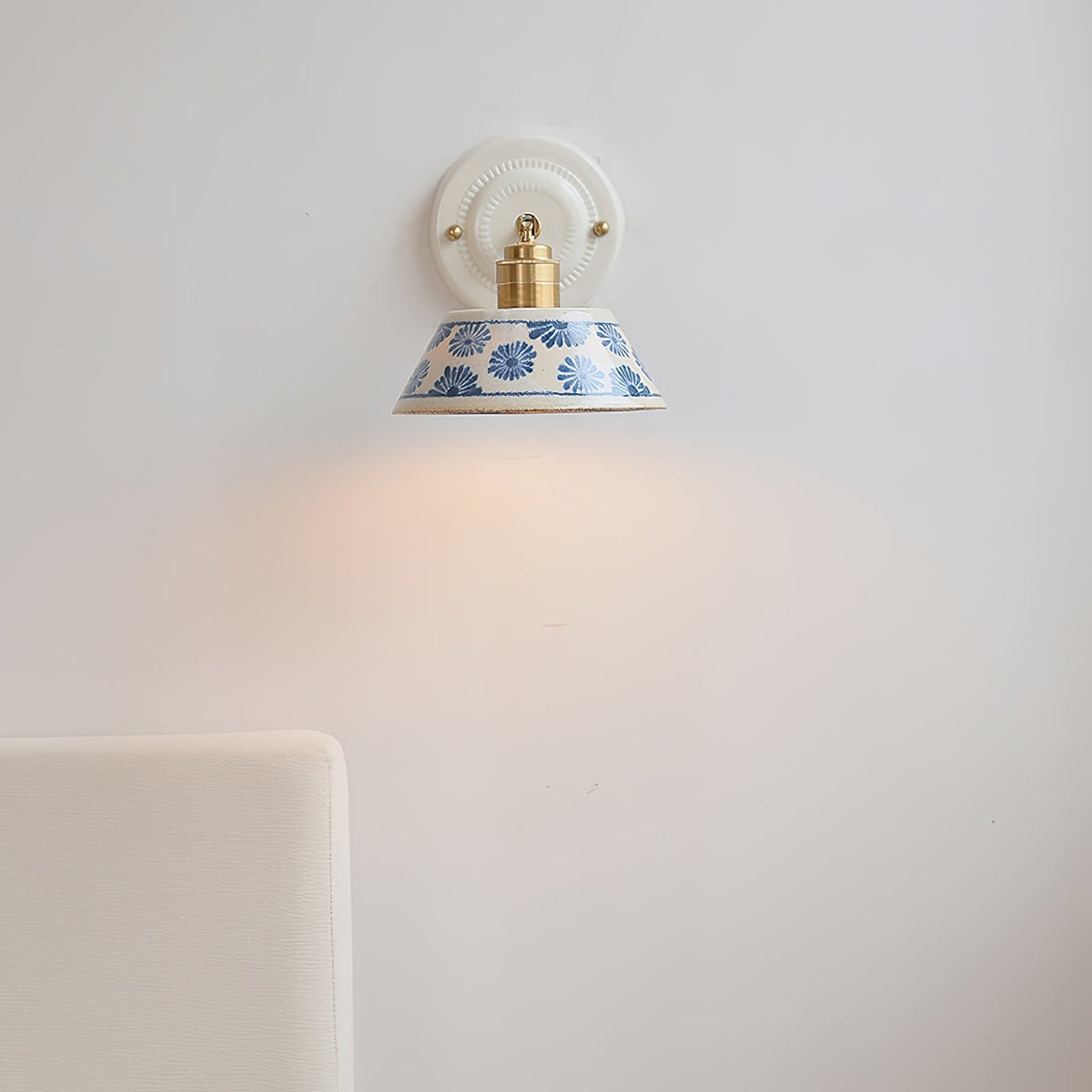 Blue & White Ceramic Sconce — Brass Hardware, Hardwired E26 Socket