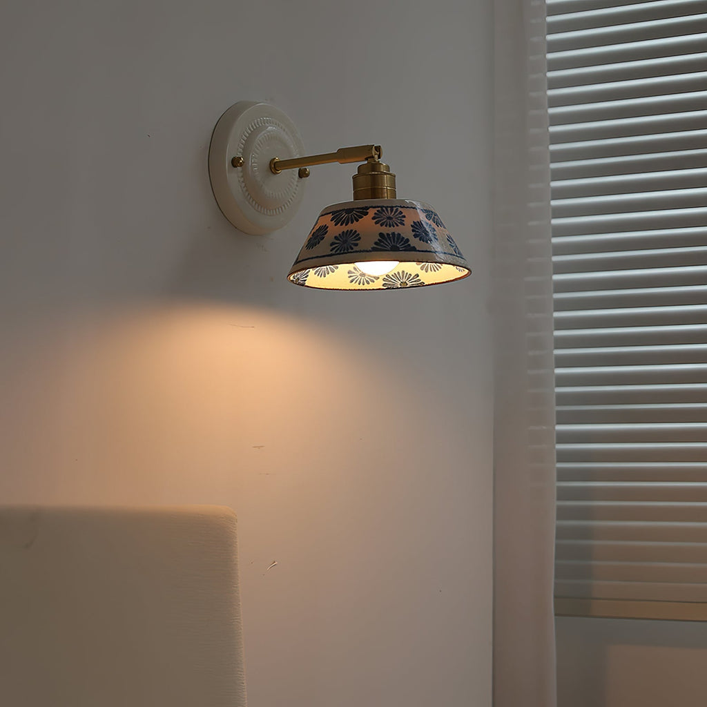 Blue & White Ceramic Sconce — Brass Hardware, Hardwired E26 Socket