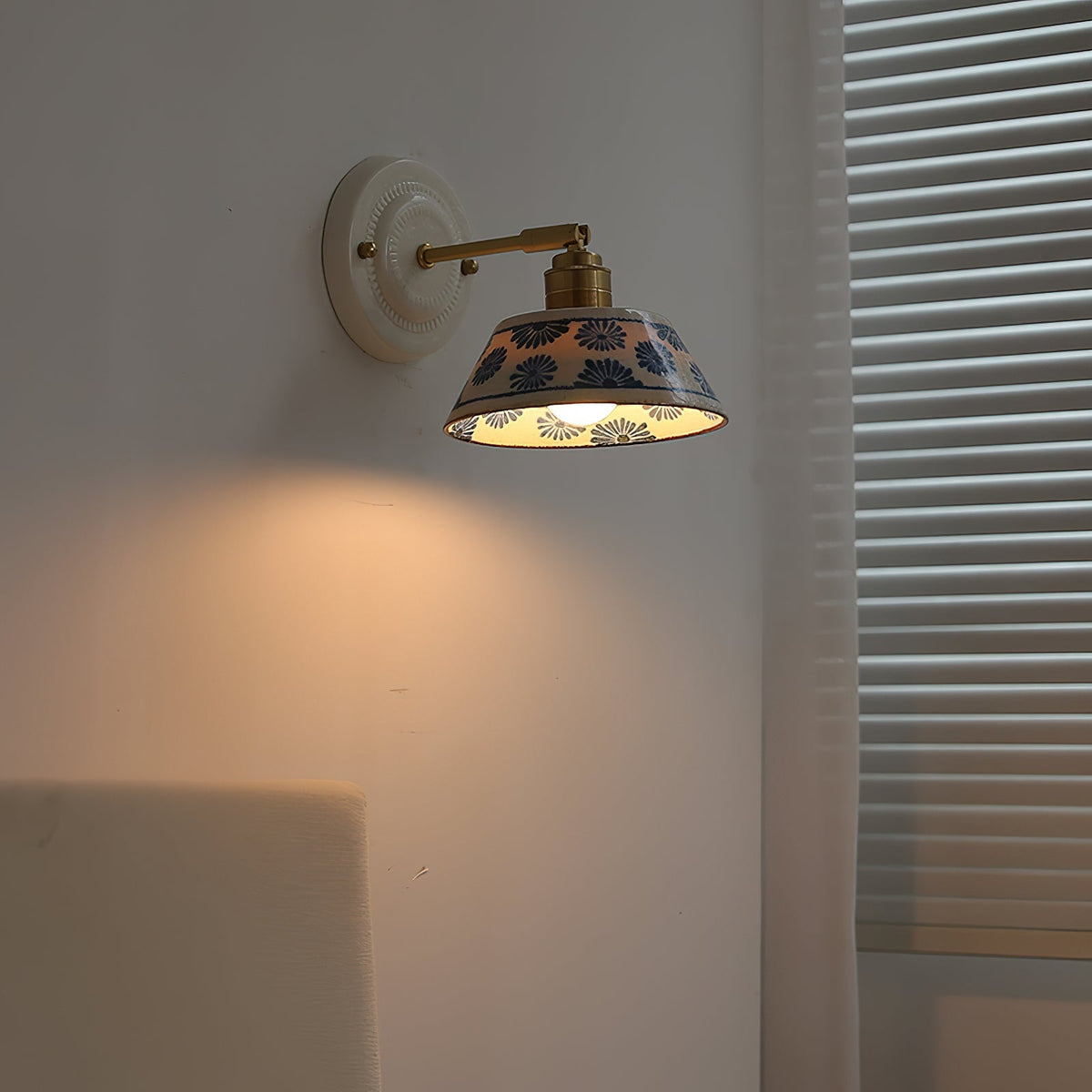 Blue & White Ceramic Sconce — Brass Hardware, Hardwired E26 Socket