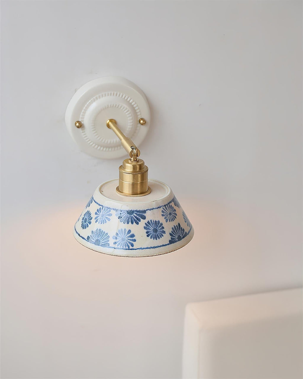 Blue & White Ceramic Sconce — Brass Hardware, Hardwired E26 Socket
