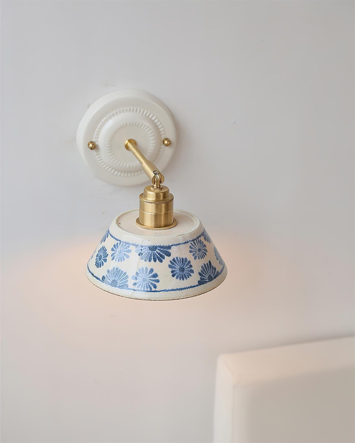 Blue & White Ceramic Sconce — Brass Hardware, Hardwired E26 Socket