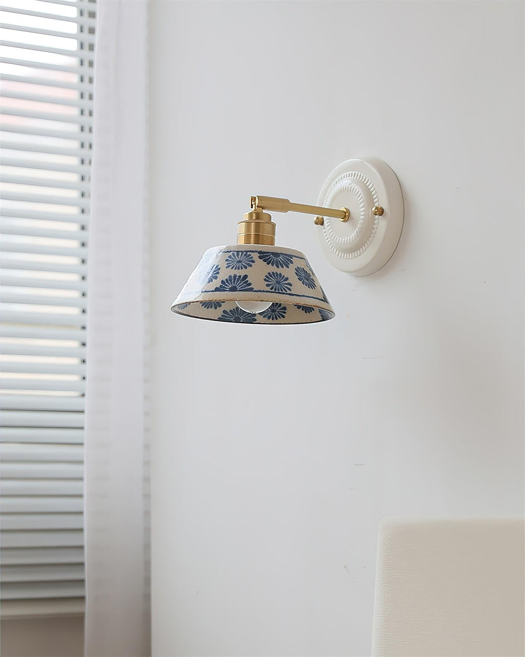 Blue & White Ceramic Sconce — Brass Hardware, Hardwired E26 Socket