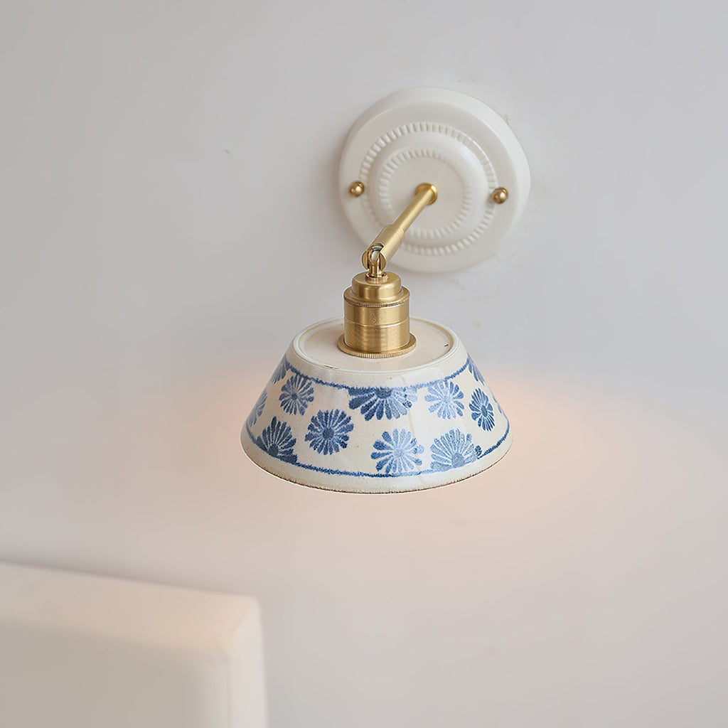 Blue & White Ceramic Sconce — Brass Hardware, Hardwired E26 Socket