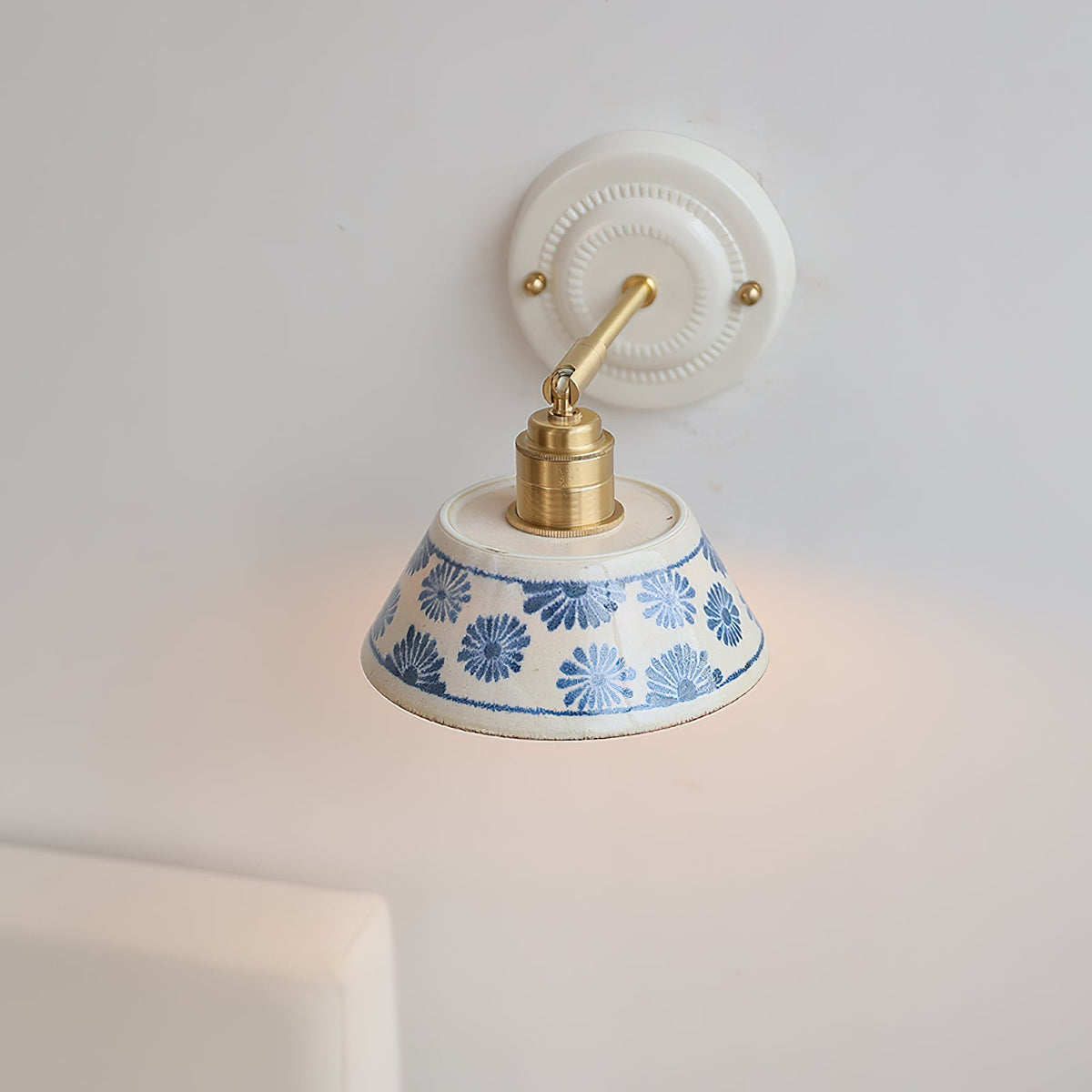 Blue & White Ceramic Sconce — Brass Hardware, Hardwired E26 Socket