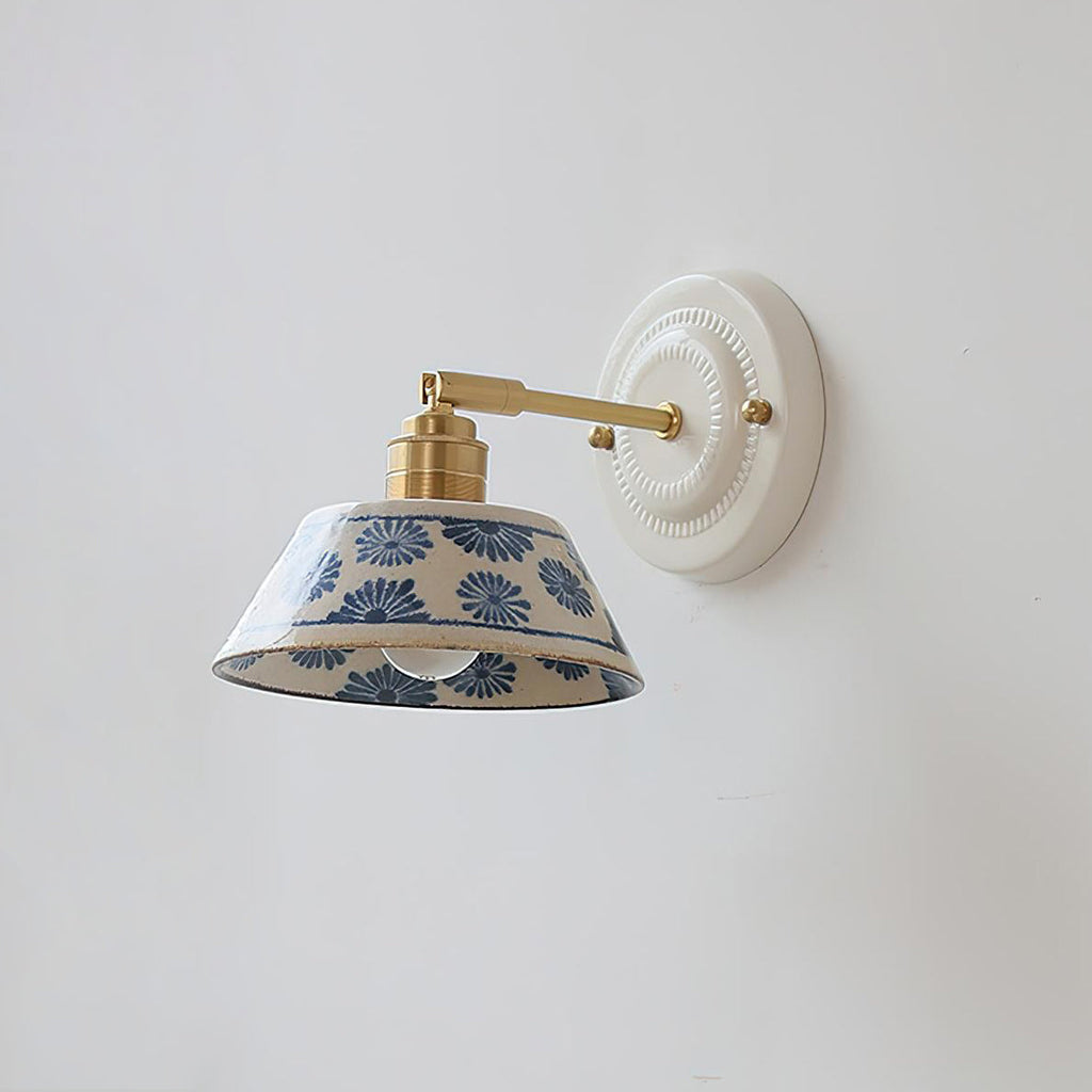 Blue & White Ceramic Sconce — Brass Hardware, Hardwired E26 Socket