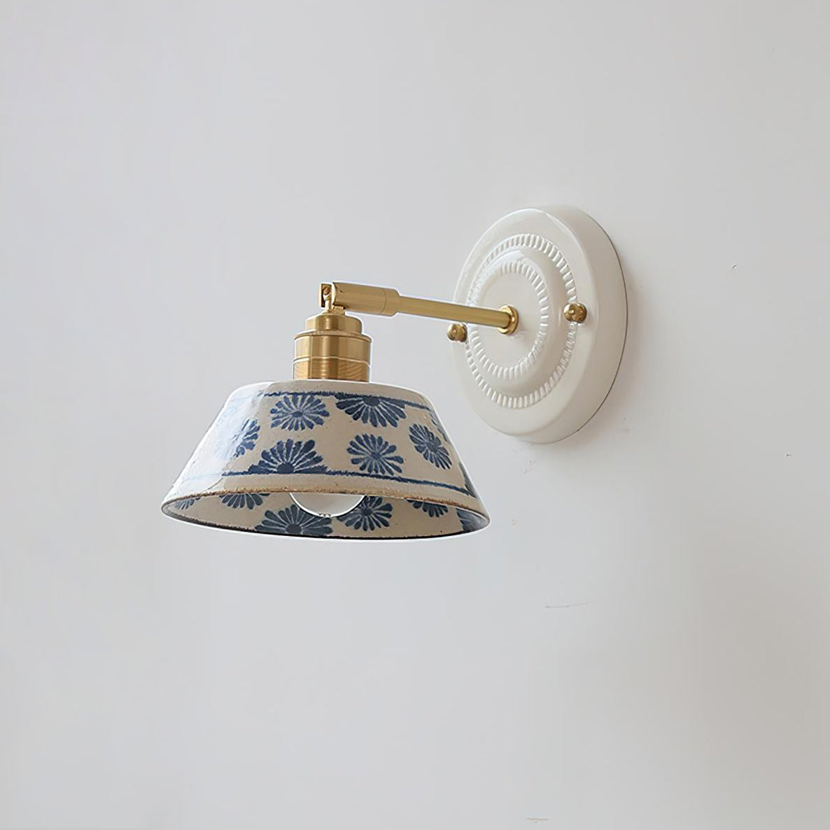 Blue & White Ceramic Sconce — Brass Hardware, Hardwired E26 Socket