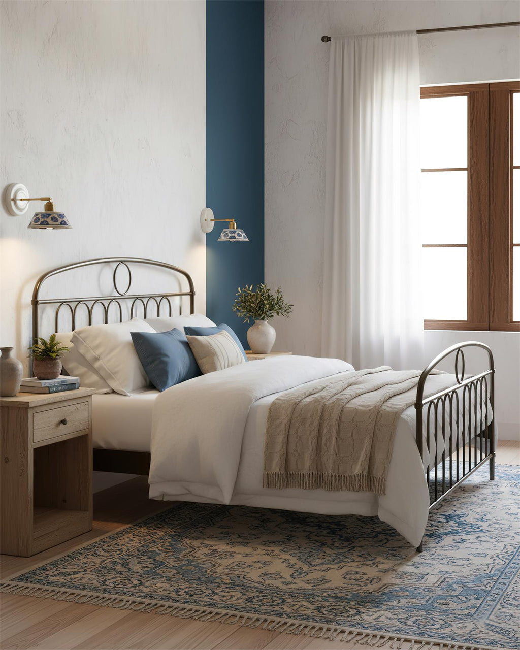 Blue & White Ceramic Sconce — Brass Hardware, Hardwired E26 Socket