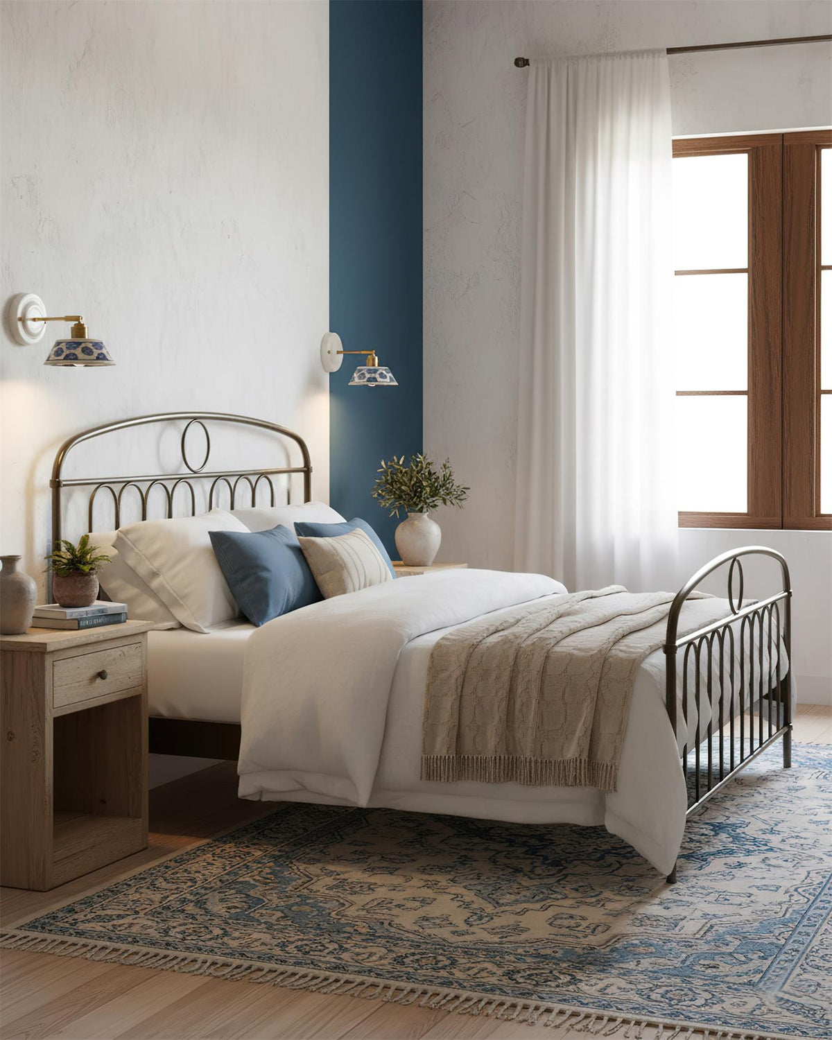 Blue & White Ceramic Sconce — Brass Hardware, Hardwired E26 Socket
