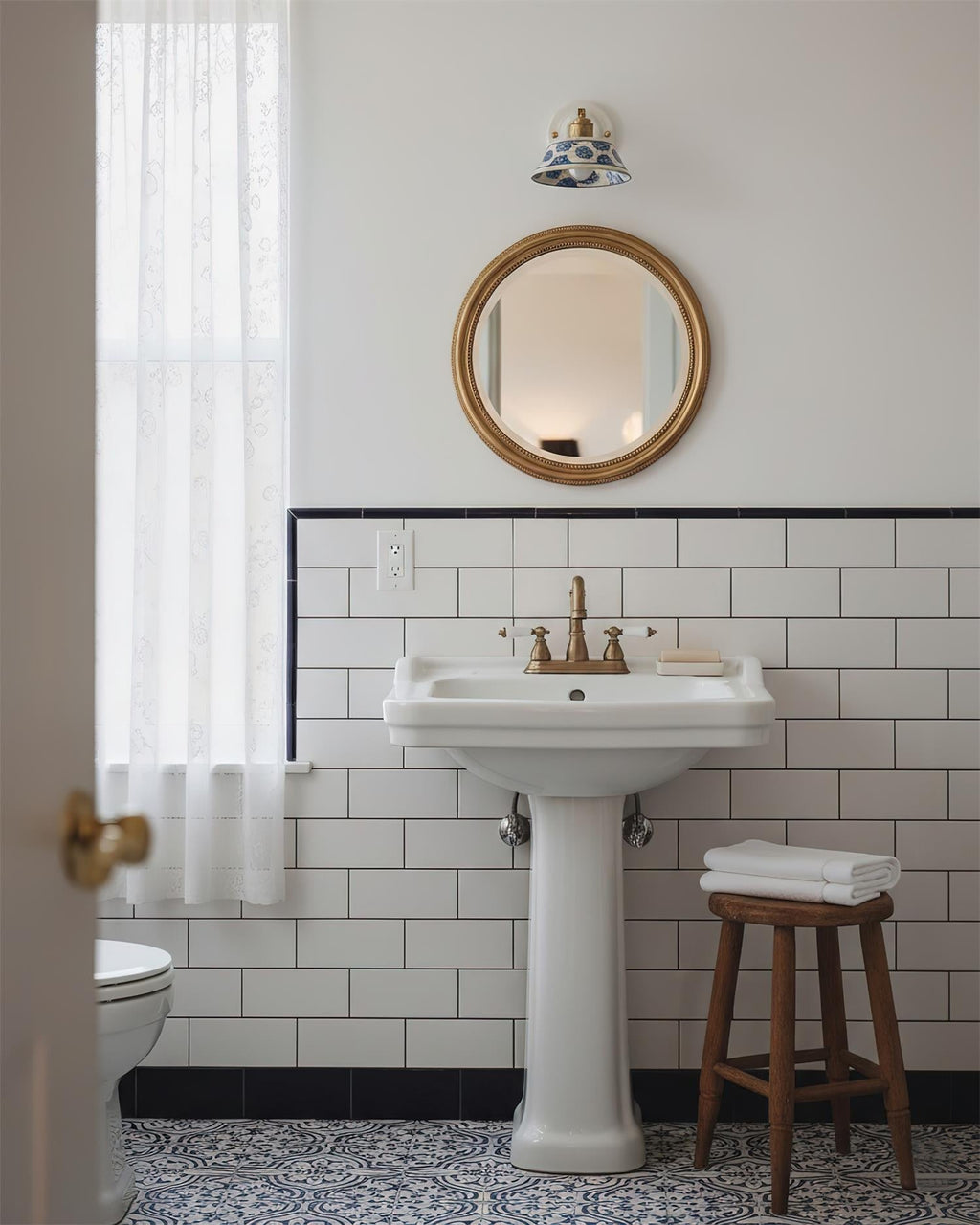 Blue & White Ceramic Sconce — Brass Hardware, Hardwired E26 Socket