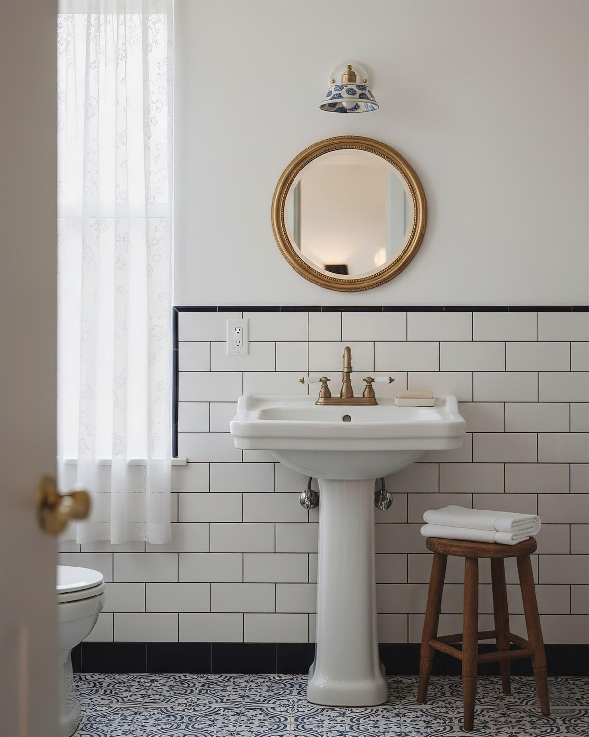 Blue & White Ceramic Sconce — Brass Hardware, Hardwired E26 Socket