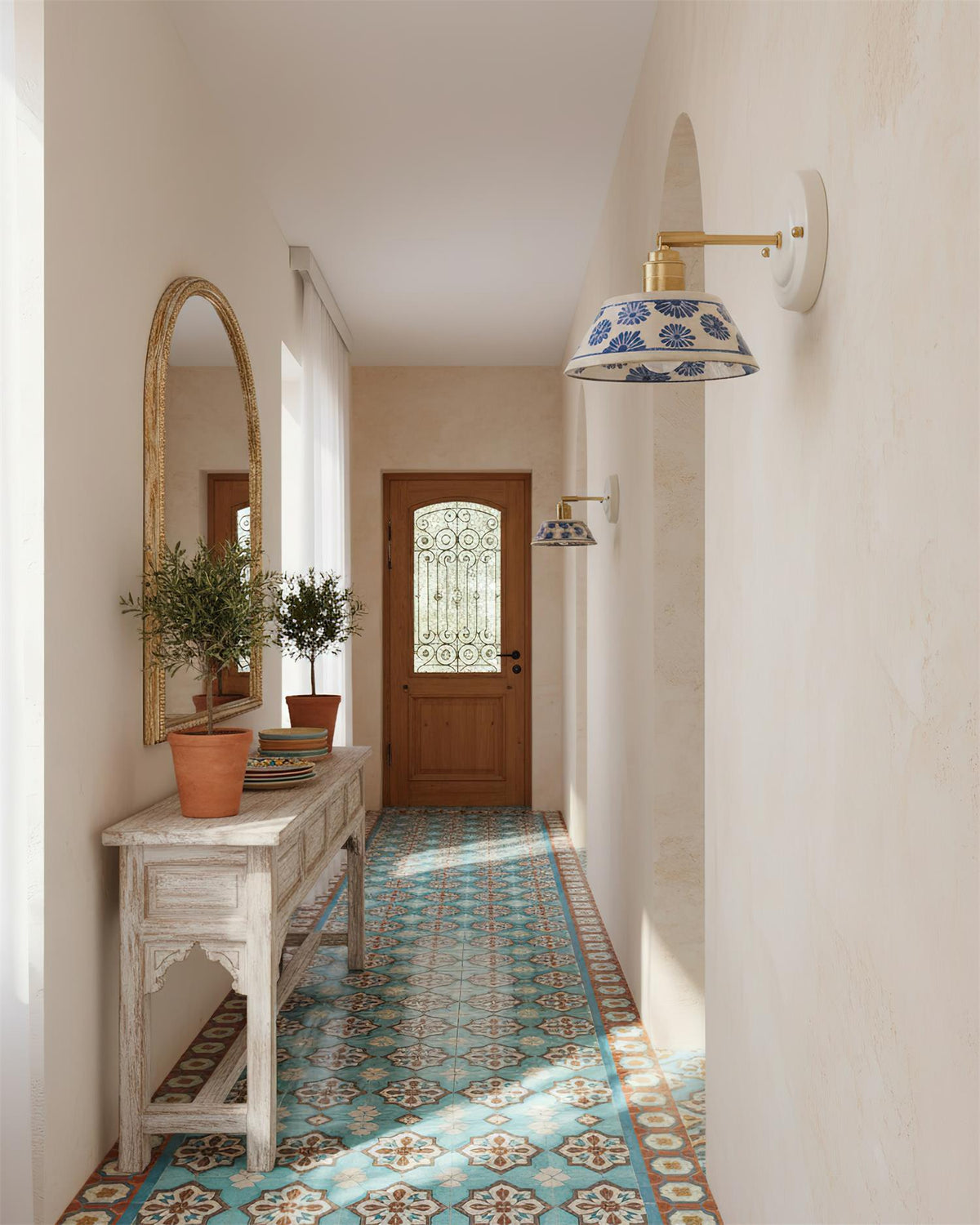 Blue & White Ceramic Sconce — Brass Hardware, Hardwired E26 Socket