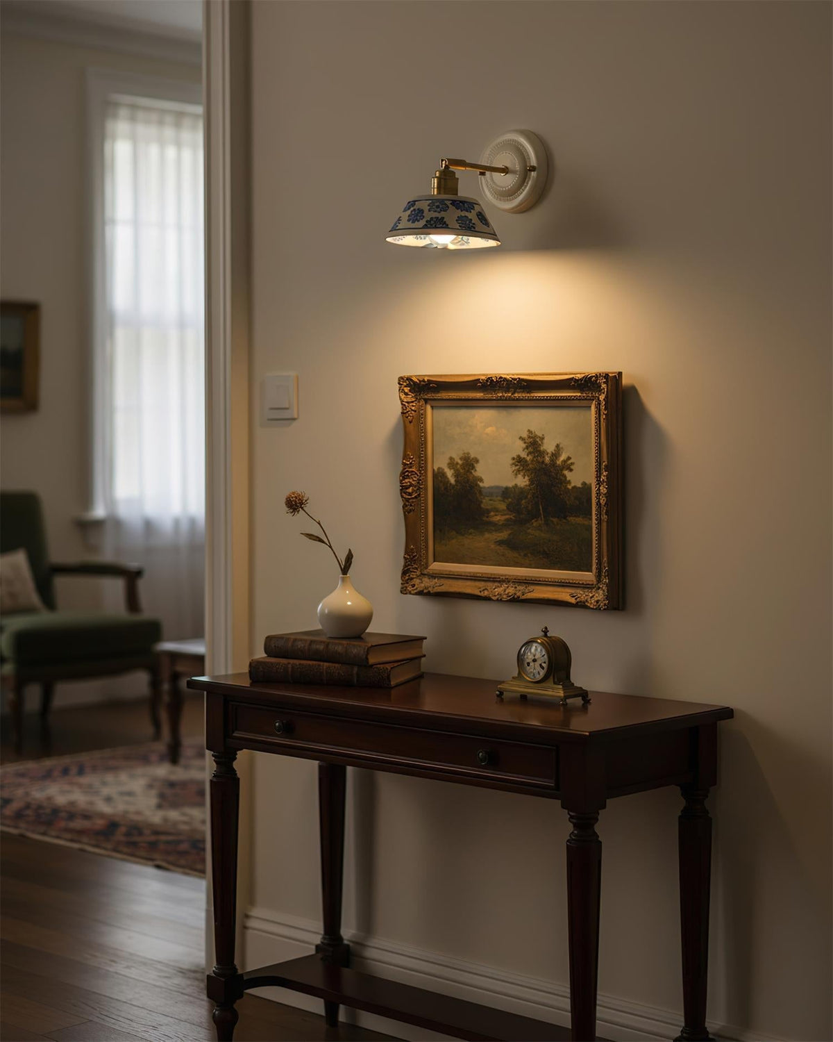 Blue & White Ceramic Sconce — Brass Hardware, Hardwired E26 Socket