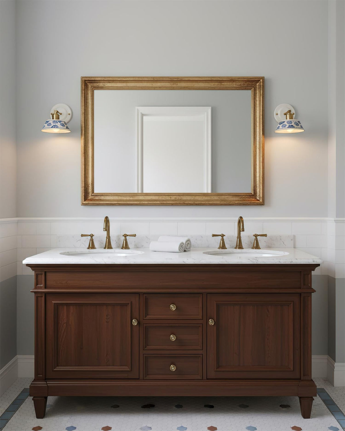 Blue & White Ceramic Sconce — Brass Hardware, Hardwired E26 Socket