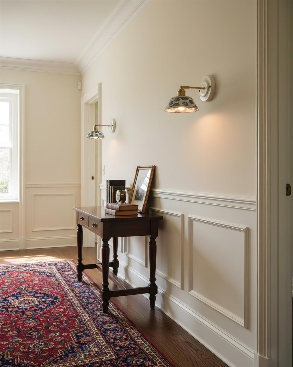 Blue & White Ceramic Sconce — Brass Hardware, Hardwired E26 Socket