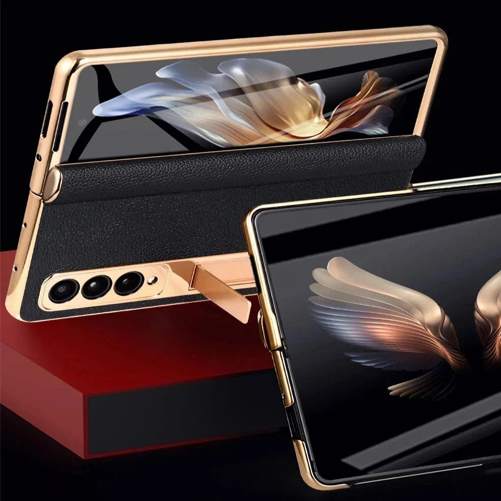 Etui z prawdziwej skóry do Galaxy Z Fold 3/4/5/6/7/8 — podstawka/pętla na palec