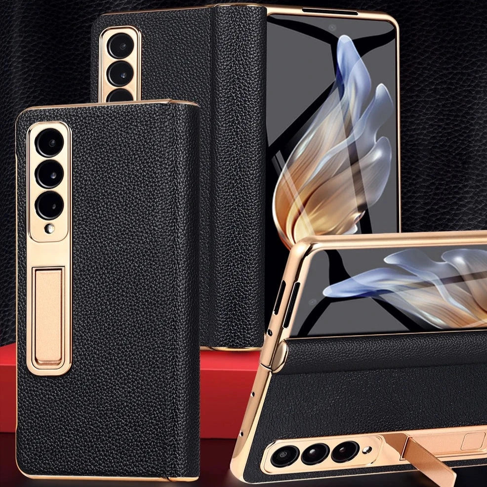 Etui z prawdziwej skóry do Galaxy Z Fold 3/4/5/6/7/8 — podstawka/pętla na palec