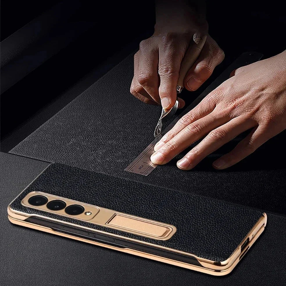 Etui z prawdziwej skóry do Galaxy Z Fold 3/4/5/6/7/8 — podstawka/pętla na palec