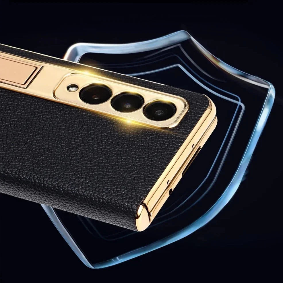 Etui z prawdziwej skóry do Galaxy Z Fold 3/4/5/6/7/8 — podstawka/pętla na palec
